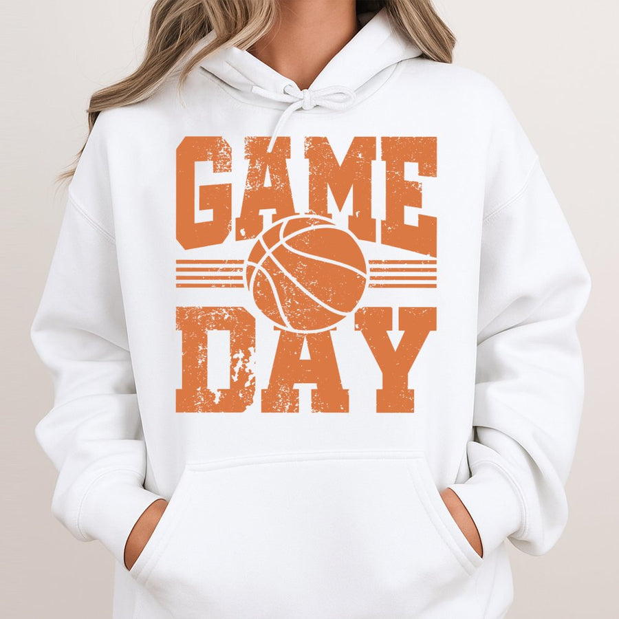 Game Day Basketball Hoodie | Distressed Sports Graphic Sweatshirt | Cotton-Polyester Blend | Trendy Apparel Gift for Basketball Fans