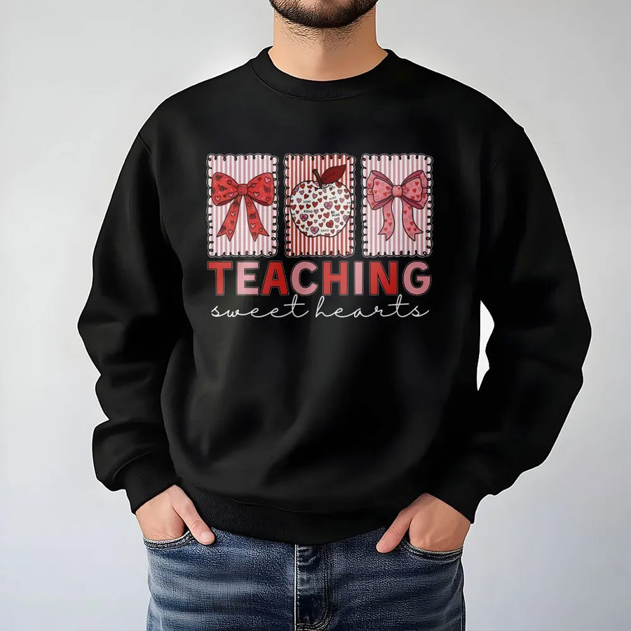 Teaching Sweet Hearts Sweatshirt | Valentine Teacher Apple Bow Graphic | Premium Cozy Fleece Pullover | Teacher Appreciation Valentine's Day Gift