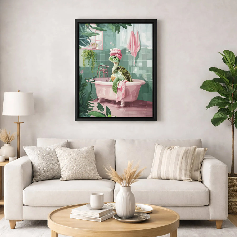 Sea Turtle Art Print | Whimsical Bathroom Decor with Pink Bathtub | Premium Fade-Resistant Canvas | Unique Gift for Animal Lovers