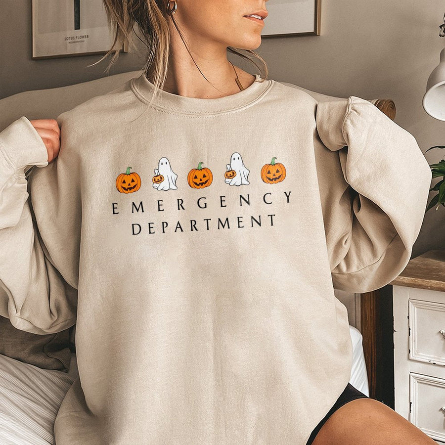 Emergency Department Halloween Sweatshirt | Cute Pumpkin Ghost Graphic | Cotton Blend Premium Crewneck | Gift for Nurse ER Doctor Medical Staff
