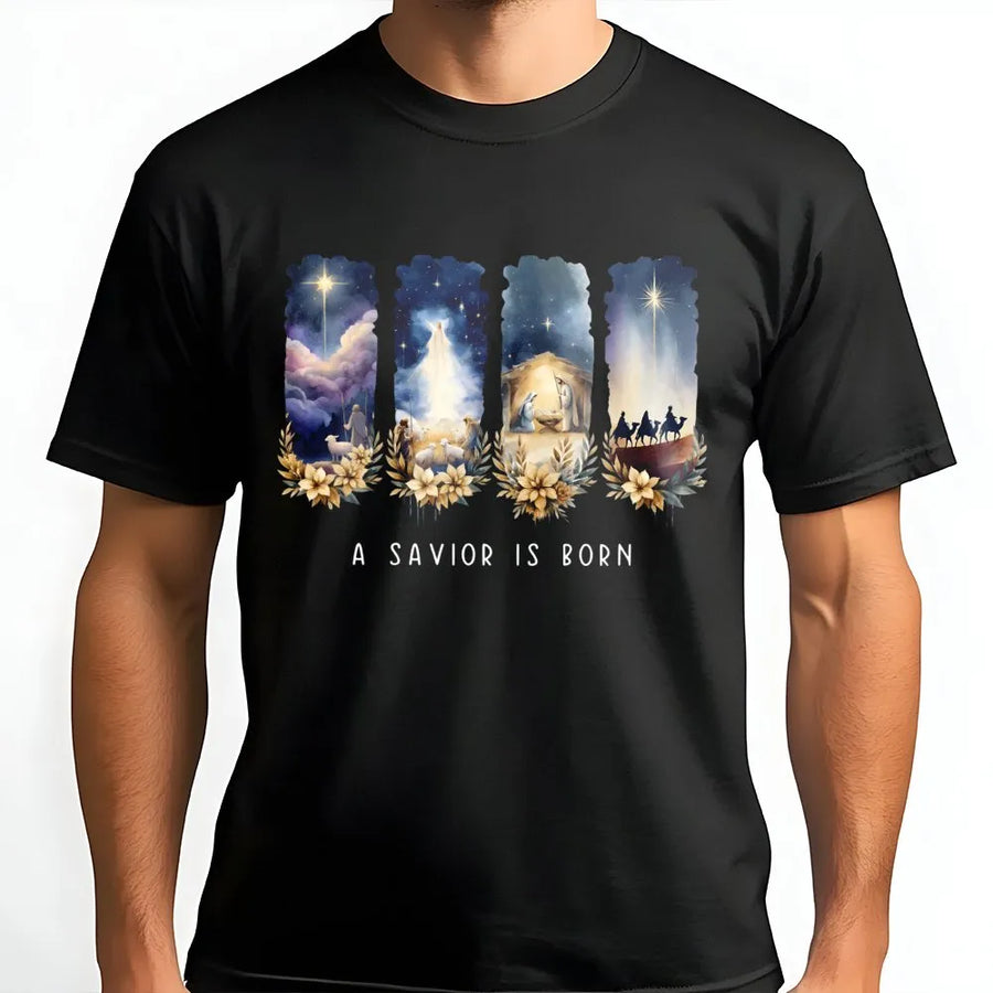 A Savior Is Born T-Shirt | Watercolor Nativity Christmas Scene | Premium 100% Cotton | Religious Holiday Gift for Women and Men
