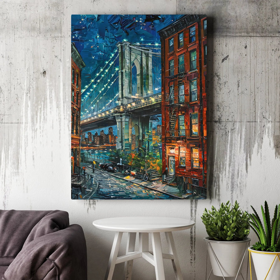 Brooklyn Bridge Canvas Art | Impasto Night Cityscape Print | Premium Gallery Wrap Decor | New York City Gift for Home or Office