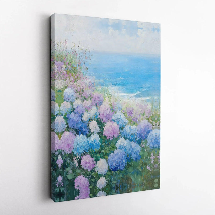 Coastal Hydrangea Canvas Wall Art | Impressionist Ocean View Painting | Premium Gallery Wrapped Canvas | Living Room & Bedroom Decor Gift