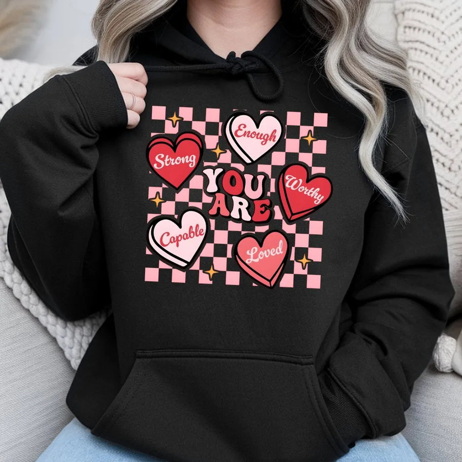 You Are Enough Hoodie | Retro Checkerboard Heart Design | Premium Cotton Blend | Inspirational Mental Health Gift for Her