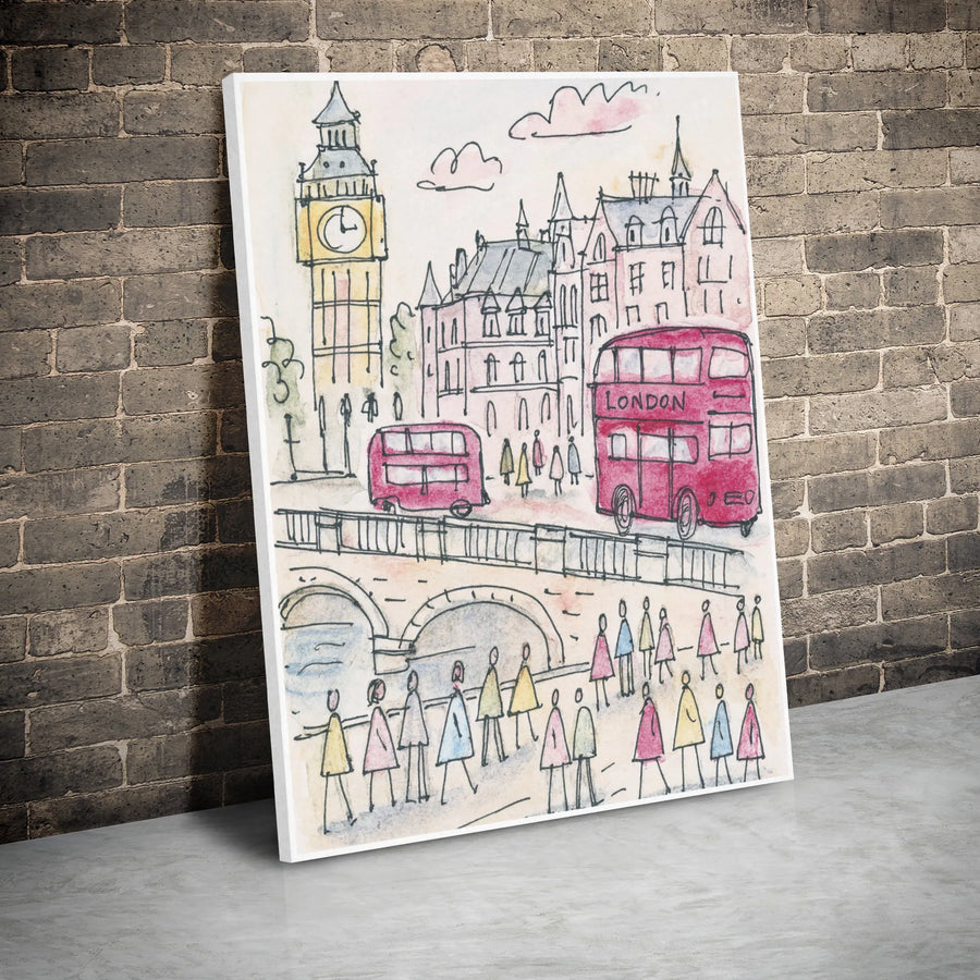 London Canvas Wall Art | Big Ben & Red Bus Watercolor Sketch | 1.25” Gallery Wrap | Travel Gift for Travel Lovers