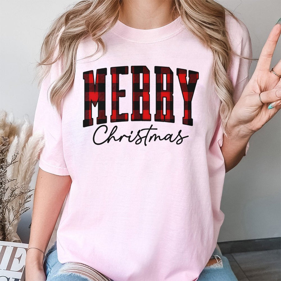 Merry Christmas T-Shirt | Buffalo Plaid Graphic Design | Premium 100% Cotton | Cozy Holiday Gift for Women and Family