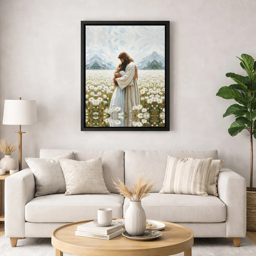 Jesus Embracing Woman Canvas Art | Oil Painting Style Daisy Field | Premium Gallery Wrap Wall Decor | Christian Gift for Home Office