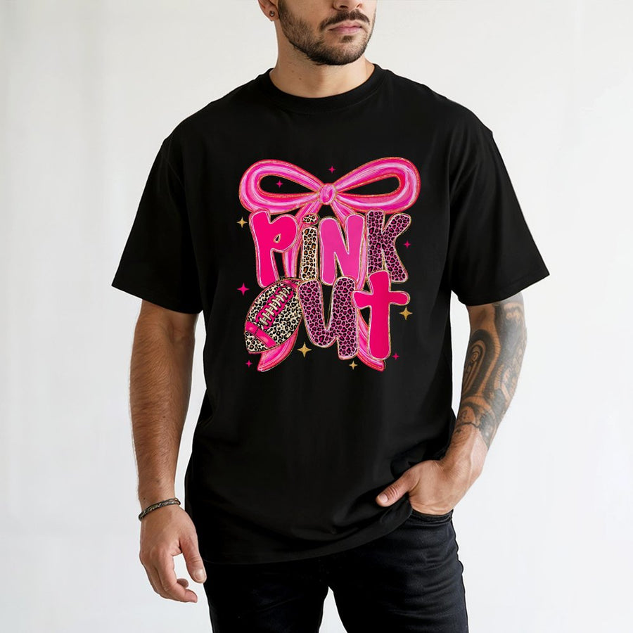 Pink Out Football T-Shirt | Leopard Bow Preppy Game Day Graphic | 100% Cotton Premium Tee | Breast Cancer Awareness Gift For Her & Mom