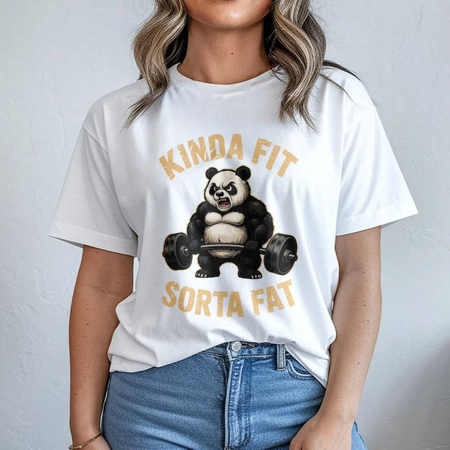 Funny Panda Gym T-Shirt | Kinda Fit Sorta Fat Weightlifting Graphic | Premium Cotton Blend Crewneck | Workout Humor Gift for Lifters