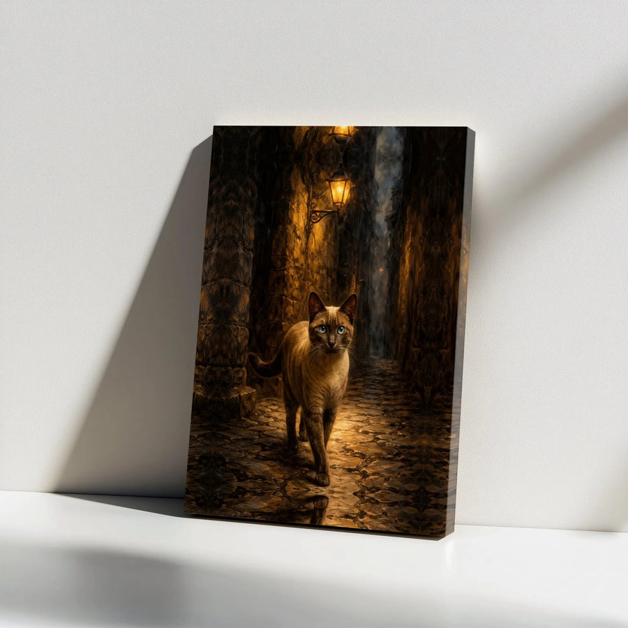 Mysterious Cat Canvas Print | Cat in Lamplit Cobblestone Alley | Premium Gallery Wrap Wall Art | Home Decor Gift for Cat Lover