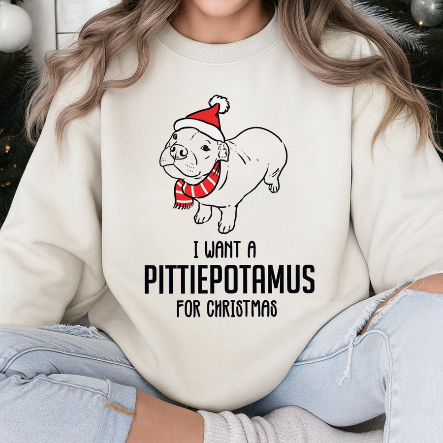I Want A Pittiepotamus Christmas Sweatshirt | Funny Pitbull Puppy Holiday Design | Soft Cotton-Poly Blend | Cute Gift For Pitbull Mom And Dad