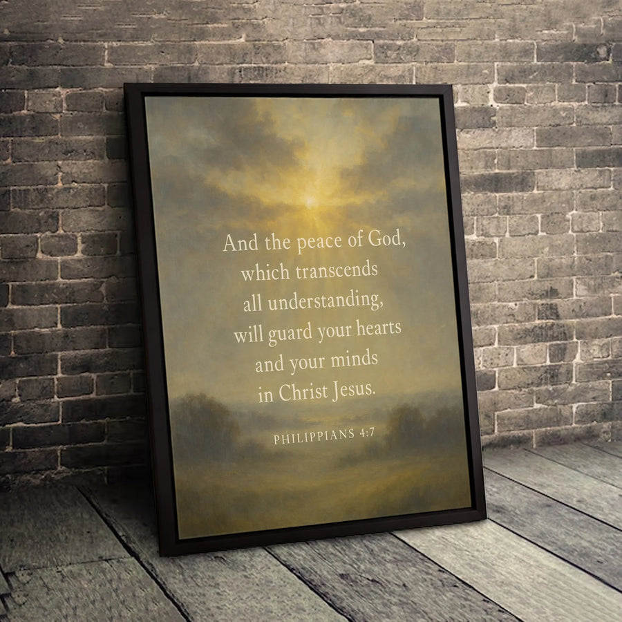 Philippians 4:7 Bible Verse Canvas | Religious Wall Art with Sunlit Landscape | Premium Fade-Resistant Print | Spiritual Home Decor Gift