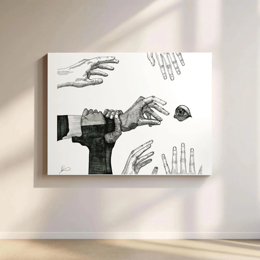 Surreal Hands Canvas Art | Black and White Ink Sketch Wall Decor | Gallery Wrapped Premium Print | Modern Aesthetic Home and Office Gift