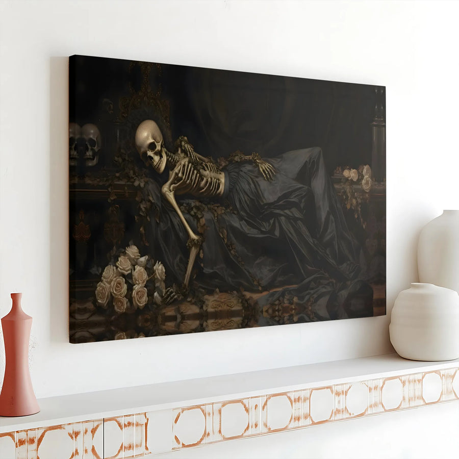 Gothic Skeleton Canvas Art | Reclining Skeleton with Roses Painting | Premium Gallery Wrapped Canvas | Dark Academia Home Decor Gift