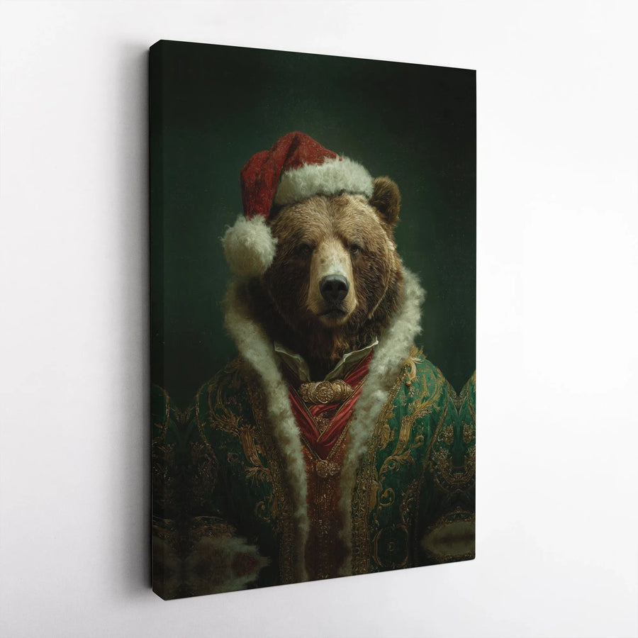 Christmas Bear Canvas Wall Art | Renaissance Style Animal Portrait | Premium Gallery Wrap Print | Holiday Home Decor Gift for Animal Lovers