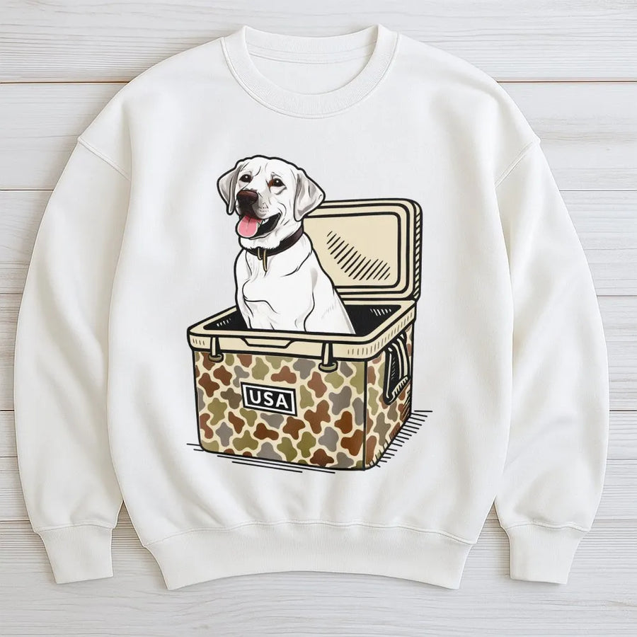 White Labrador Sweatshirt | Camo Cooler USA Hunting Dog Graphic | Premium Cotton Blend | Gift for Dog Mom Dad Outdoorsmen