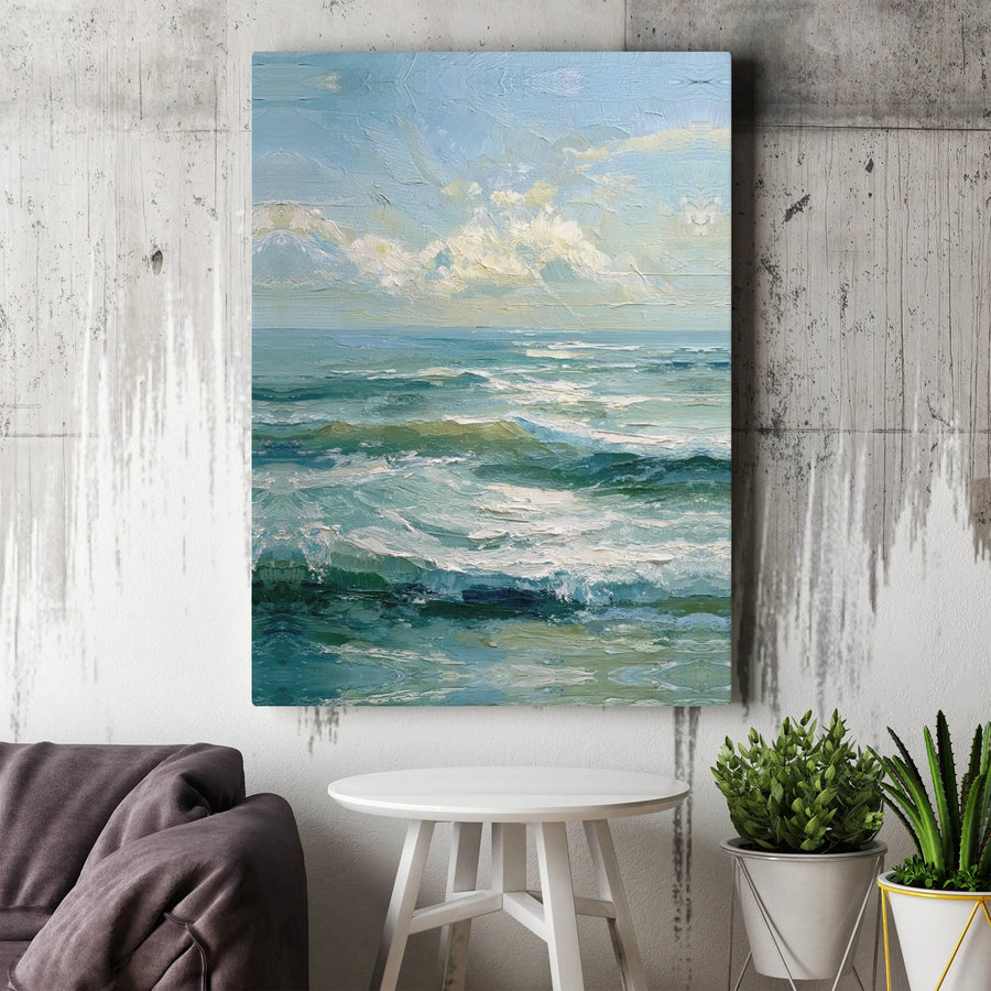Ocean Waves Canvas Wall Art | Textured Impasto Coastal Seascape Painting | Premium Gallery Wrapped Decor | Serene Blue Sea Decor for Living Room