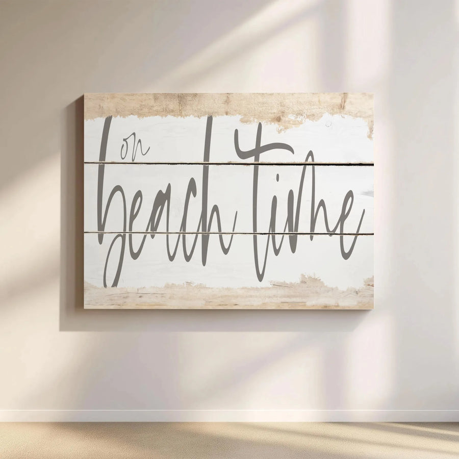 On Beach Time Canvas Wall Art | Rustic Whitewash Wood Print Design | Premium Thick Gallery Wrap Canvas | Gift for Beach House Living Room Decor
