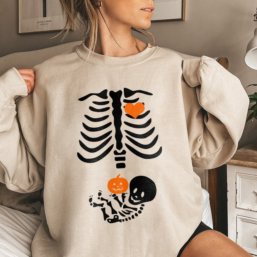 Skeleton Maternity Sweatshirt | Funny Baby Pumpkin Pregnancy Announcement | Cotton Blend Premium Apparel | Cute Halloween Costume For Expecting Moms