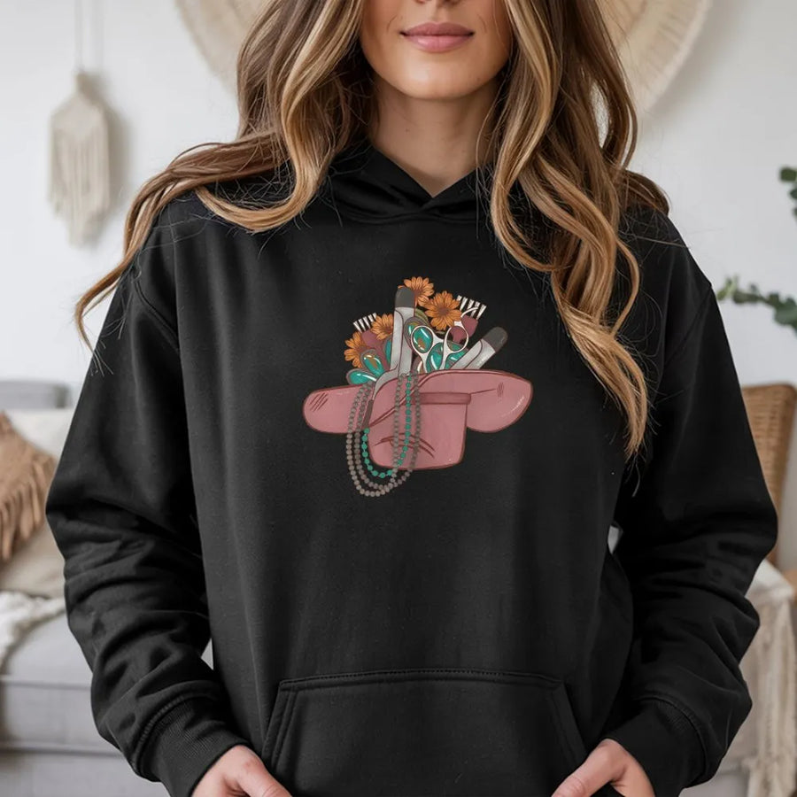 Hairstylist Cowboy Hat Hoodie | Western Cosmetology Graphic Design | Soft Cotton Blend Apparel | Unique Gift for Hairdresser Salon Owner