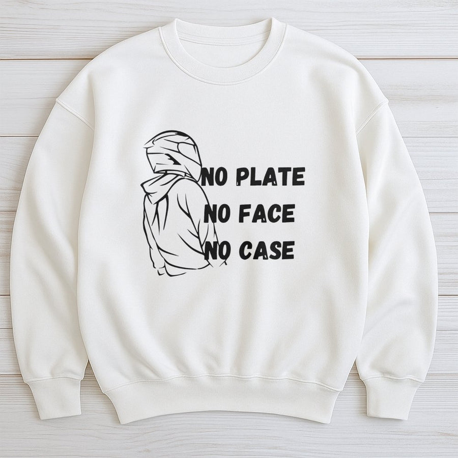 No Plate No Face No Case Sweatshirt | Biker Helmet Graphic Design | Premium Cotton Blend | Gift For Motorcycle Riders And Bike Enthusiasts