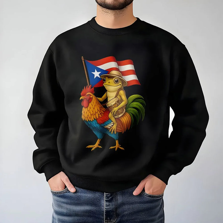 Puerto Rican Coqui Frog Sweatshirt | Boricua Heritage Rooster Design | Premium Cotton Blend Crewneck | Cultural Puerto Rico Pride Gift