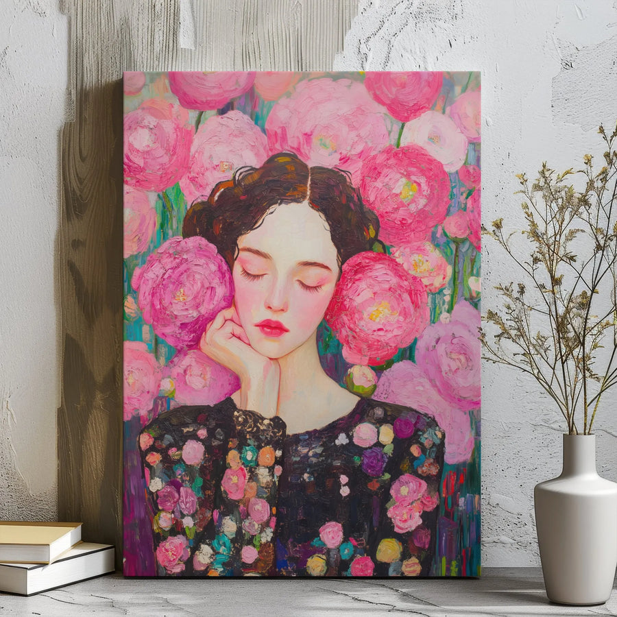 Floral Woman Portrait Canvas | Impressionist Pink Peony Art | 1.25-Inch Gallery Wrap Print | Elegant Feminine Home Decor Wall Art