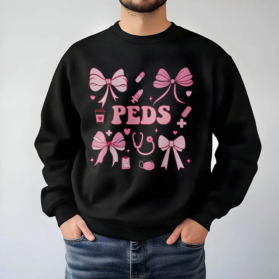 Peds Nurse Sweatshirt | Coquette Bow Aesthetic Medical Graphic | Premium Cotton Blend Crewneck | Cute Pediatric Nurse Gift for Her