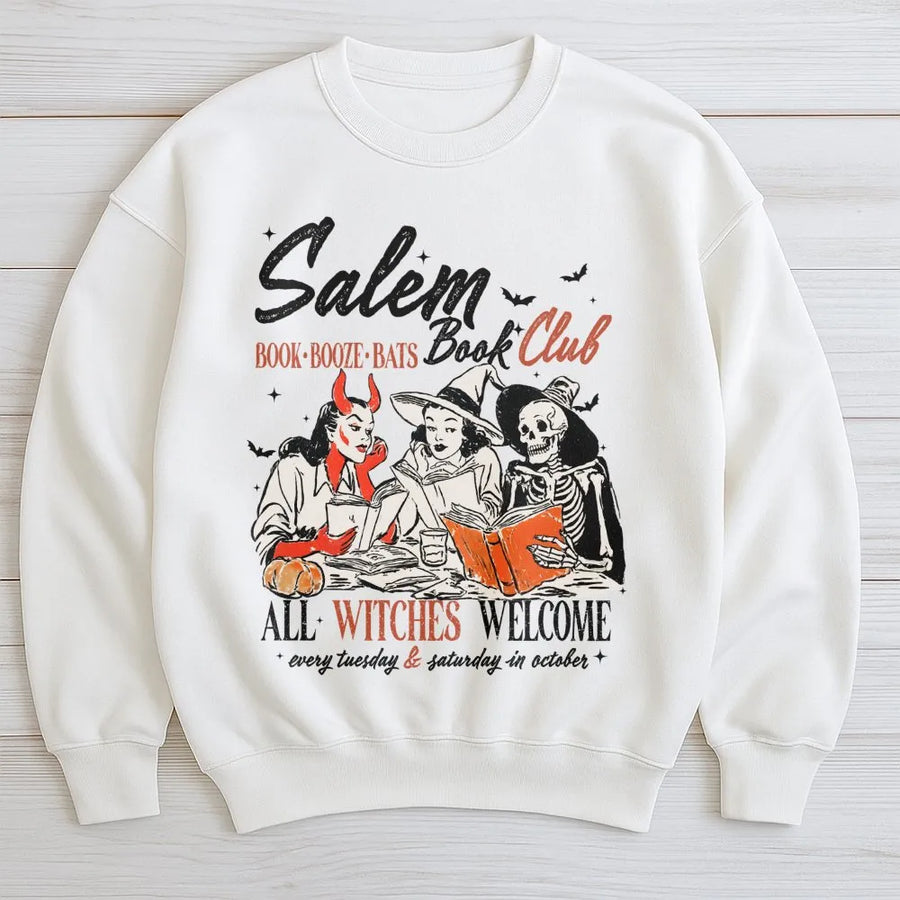 Salem Book Club Sweatshirt | Spooky Skeleton Witch Aesthetic | Soft Cotton Blend Crewneck | Halloween Reading Gift For Book Lovers