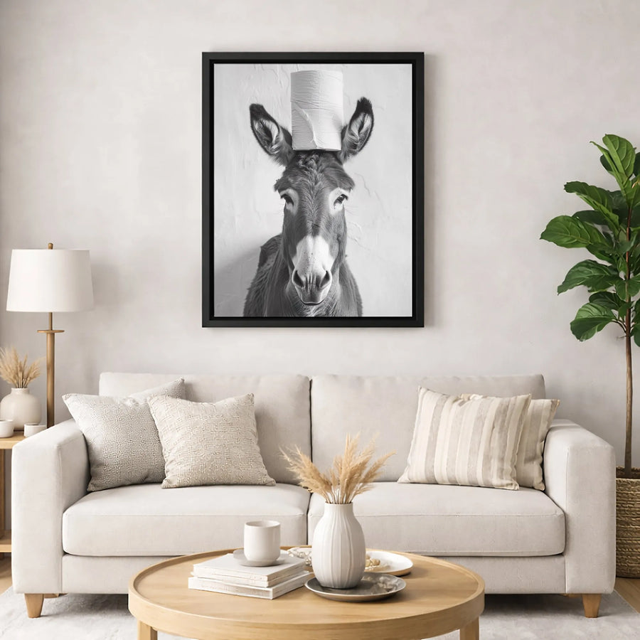 Funny Donkey Wall Art | Toilet Paper Roll Head Print | Premium Gallery Wrapped Canvas | Quirky Bathroom Decor Gift