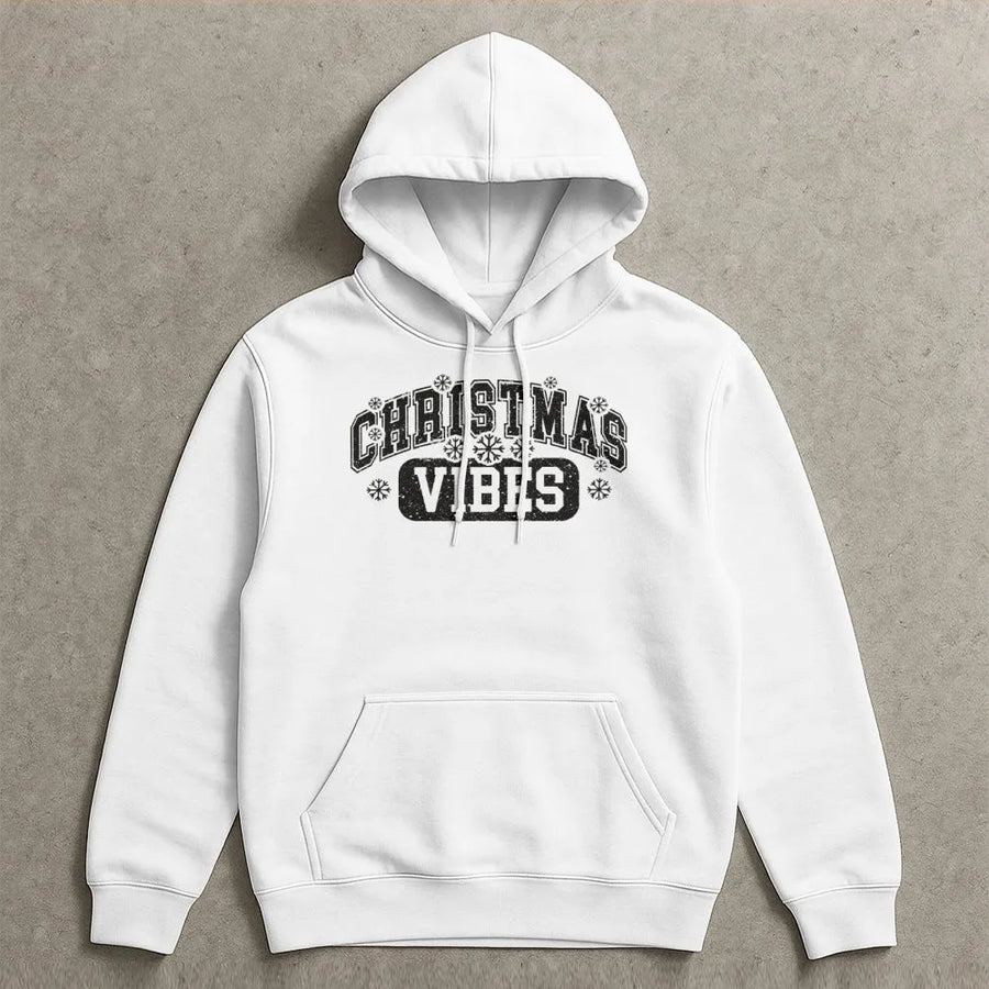Christmas Vibes Hoodie | Retro Varsity Text With Snowflakes | Premium Cotton Blend | Cozy Holiday Gift For Her