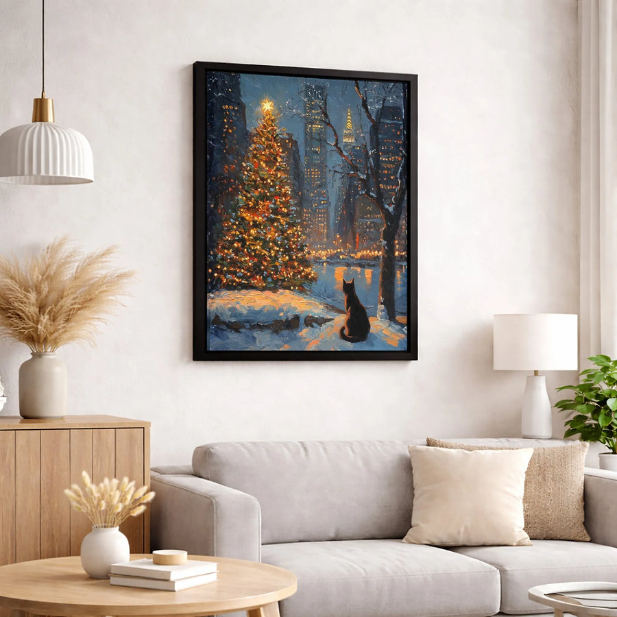 Black Cat Christmas Canvas Art | NYC Winter Snow Impressionist Painting | 1.25 Inch Gallery Wrap Print | Festive Holiday Wall Decor for Cat Lovers