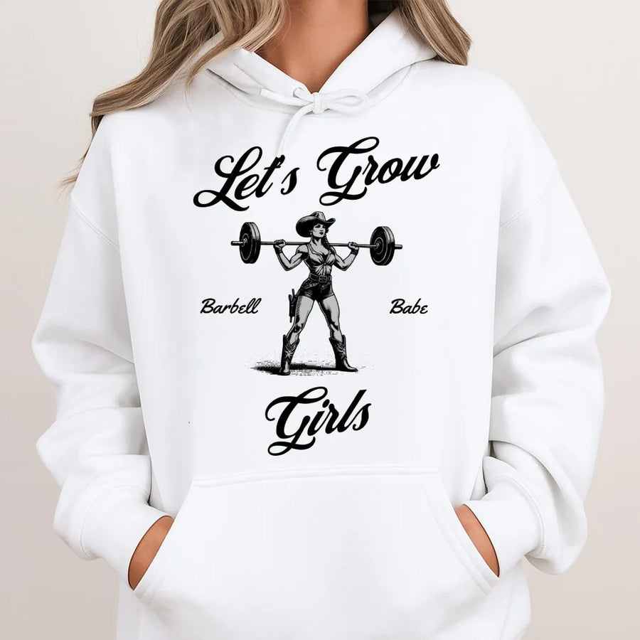 Let's Grow Girls Gym Hoodie | Western Cowgirl Barbell Design | Premium Cotton-Poly Blend | Fitness Gift for Her & Weightlifting Enthusiasts