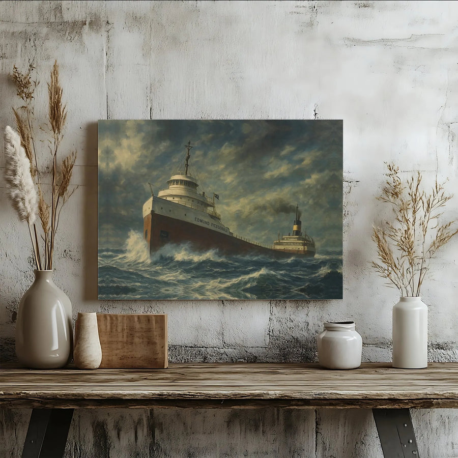 Edmund Fitzgerald Canvas Wall Art | Great Lakes Freighter Storm Painting | Premium Gallery Wrapped Decor | Nautical Gift for History Buffs