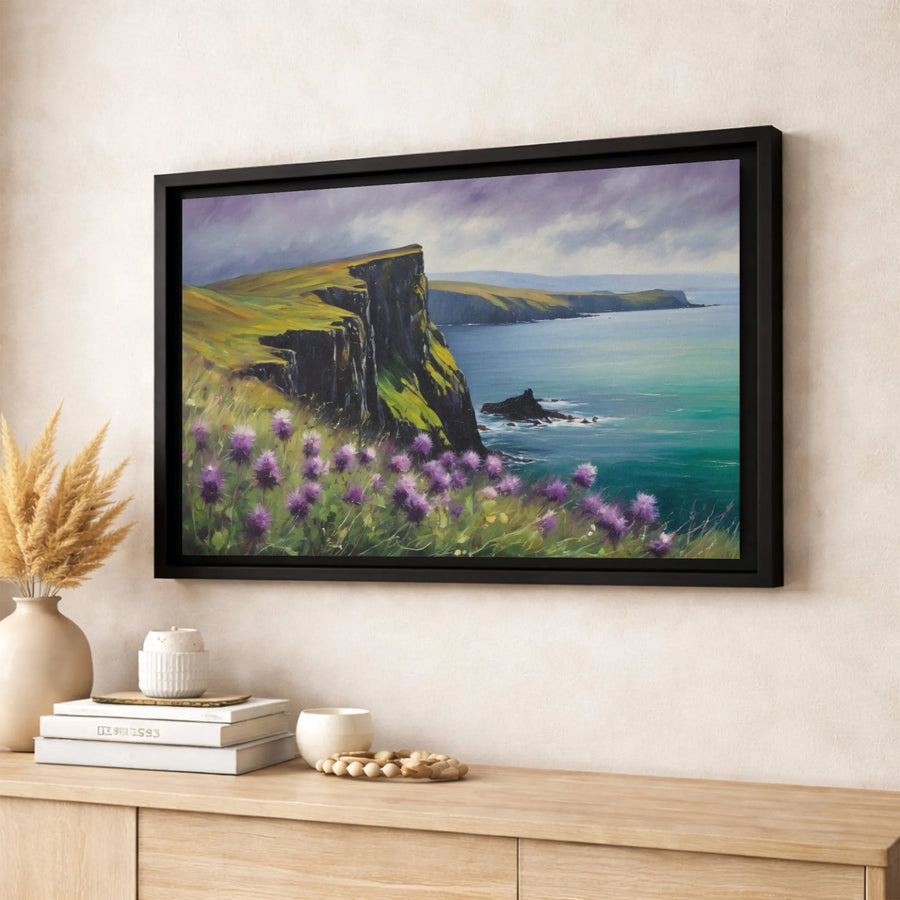 Irish Coastal Cliff Canvas Print | Moody Seascape with Purple Wildflowers | Gallery Quality Wrapped Wall Art | Premium Home Decor Gift