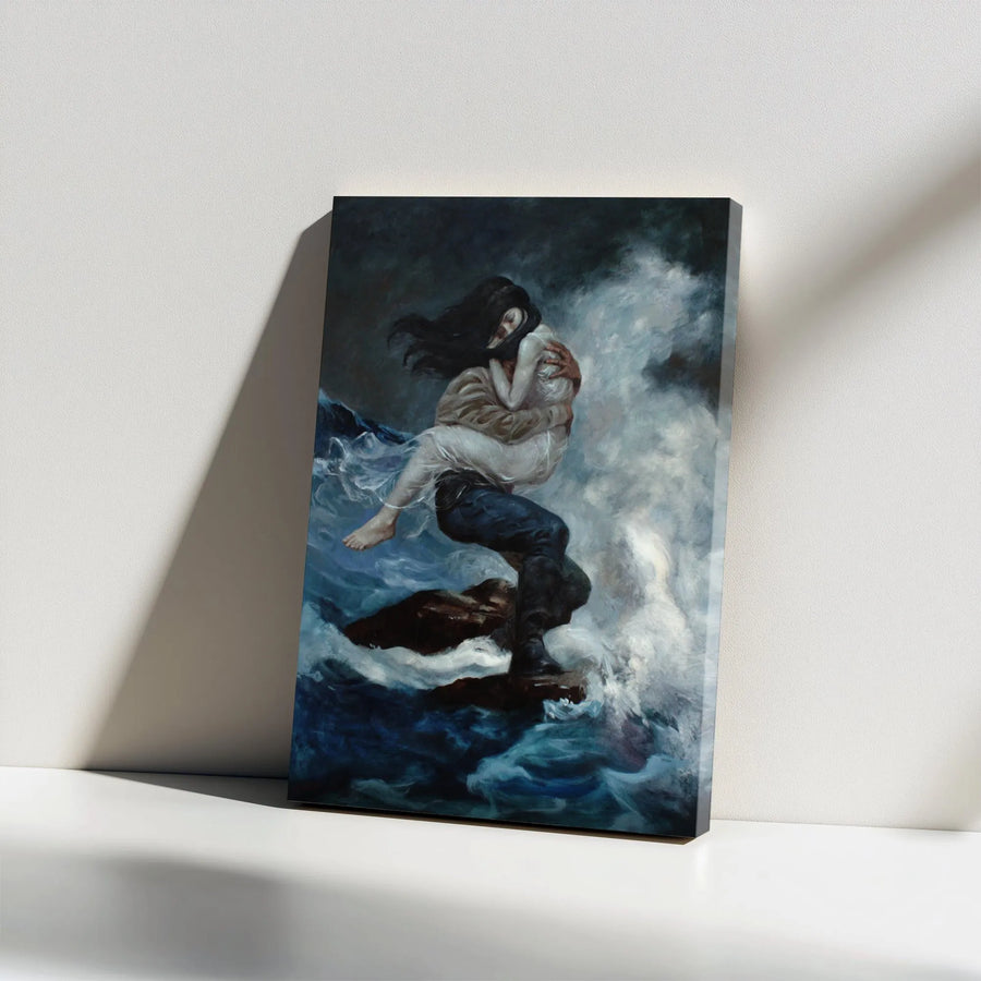 Romantic Stormy Sea Canvas Print | Lovers Embrace in Ocean Waves Painting | Premium Gallery Wrapped Art | Gothic Home Decor Gift