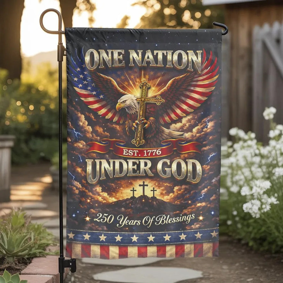 Patriotic Christian Garden Flag | One Nation Under God Eagle & Cross | Weather Resistant Double Sided Banner | USA 250th Anniversary Outdoor Decor Gift