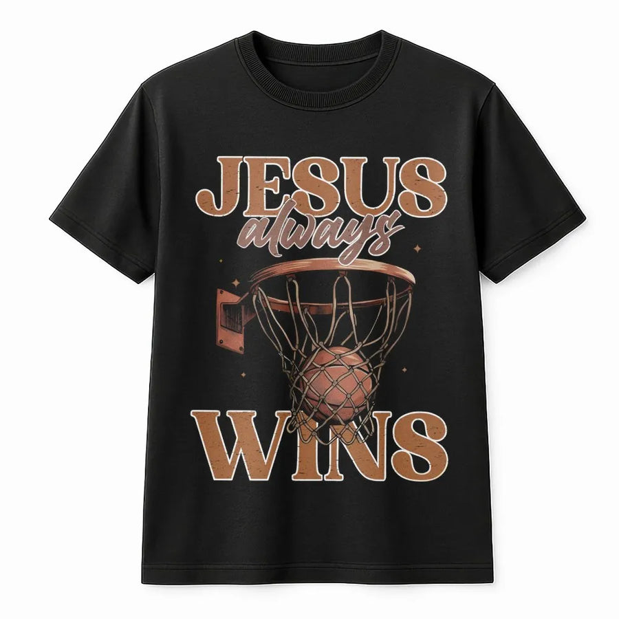 Jesus Always Wins Basketball T-Shirt | Faith Based Sports Graphic Tee | Premium 100% Cotton | Religious Gift for Christian Athletes & Fans