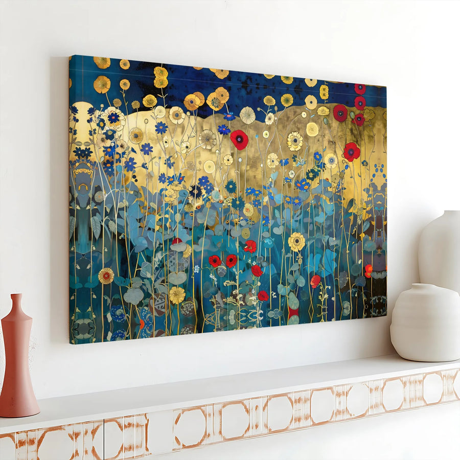 Abstract Wildflower Field Canvas | Gold Blue Floral Wall Art | Premium Gallery Wrapped Decor | Modern Nature Landscape Print for Home