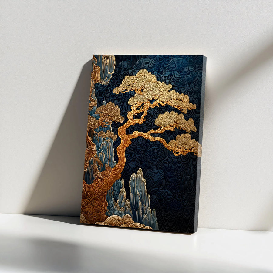Japanese Bonsai Tree Canvas Print | Gold and Navy Blue Wave Wall Art | Premium Gallery Wrapped Decor | Zen Inspired Home Office Gift