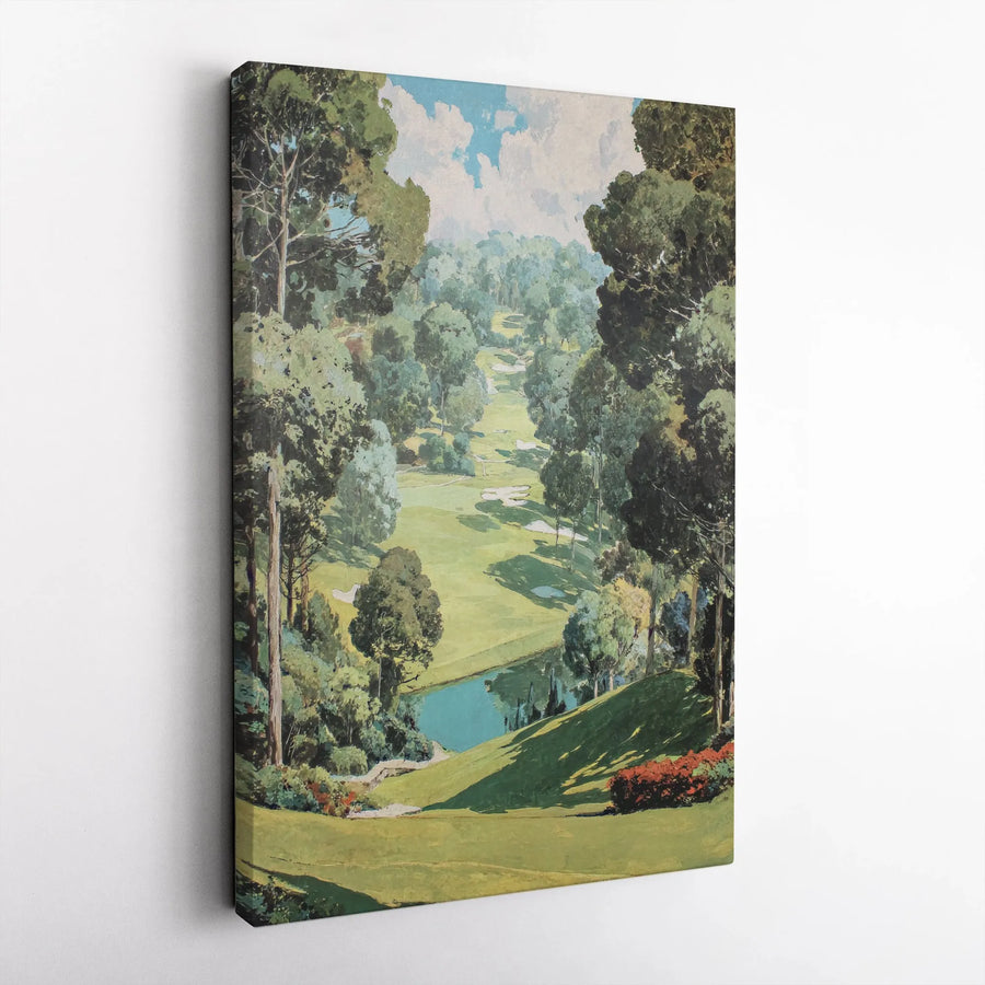 Vintage Golf Course Vertical Canvas | Scenic Fairway Landscape Painting | Premium Gallery Print | Collector's Gift for Golfer, Man Cave Decor