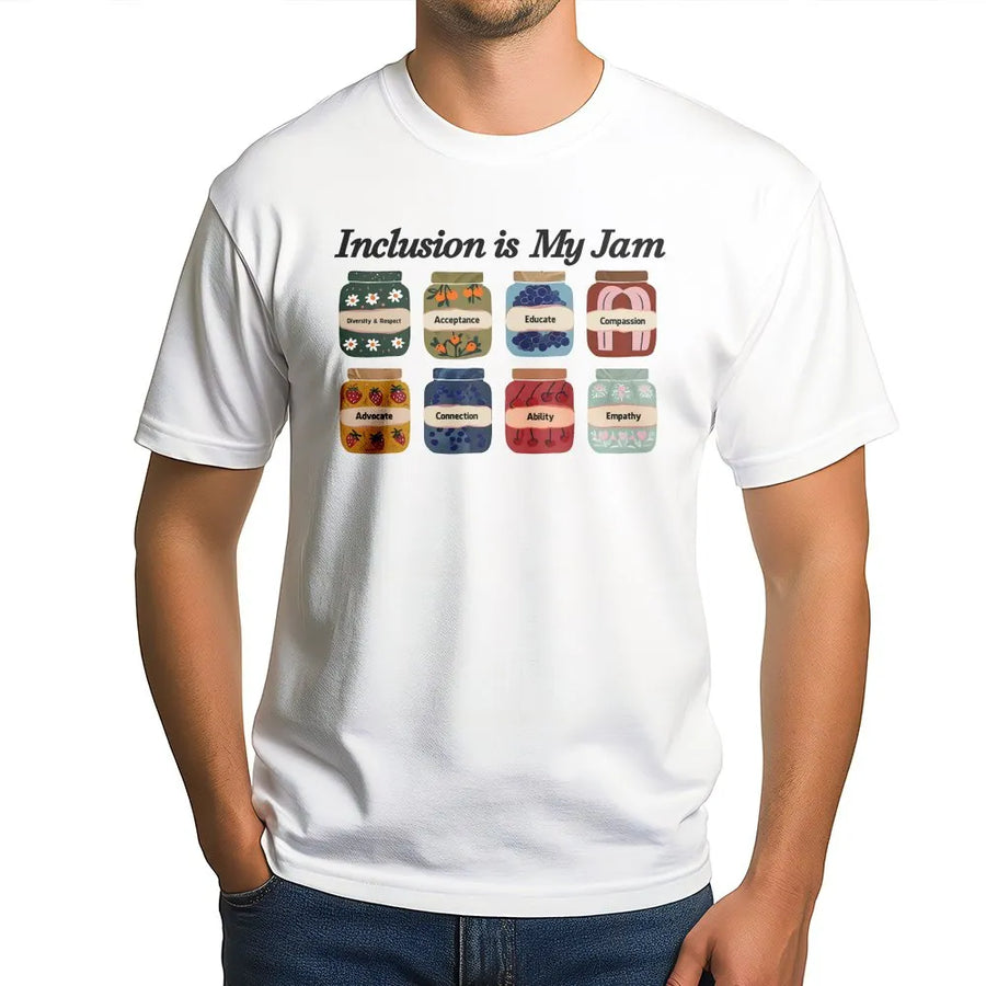 Inclusion Is My Jam T-Shirt | Retro Jam Jar Graphic | Premium Cotton Blend | Gift for Special Education Teacher