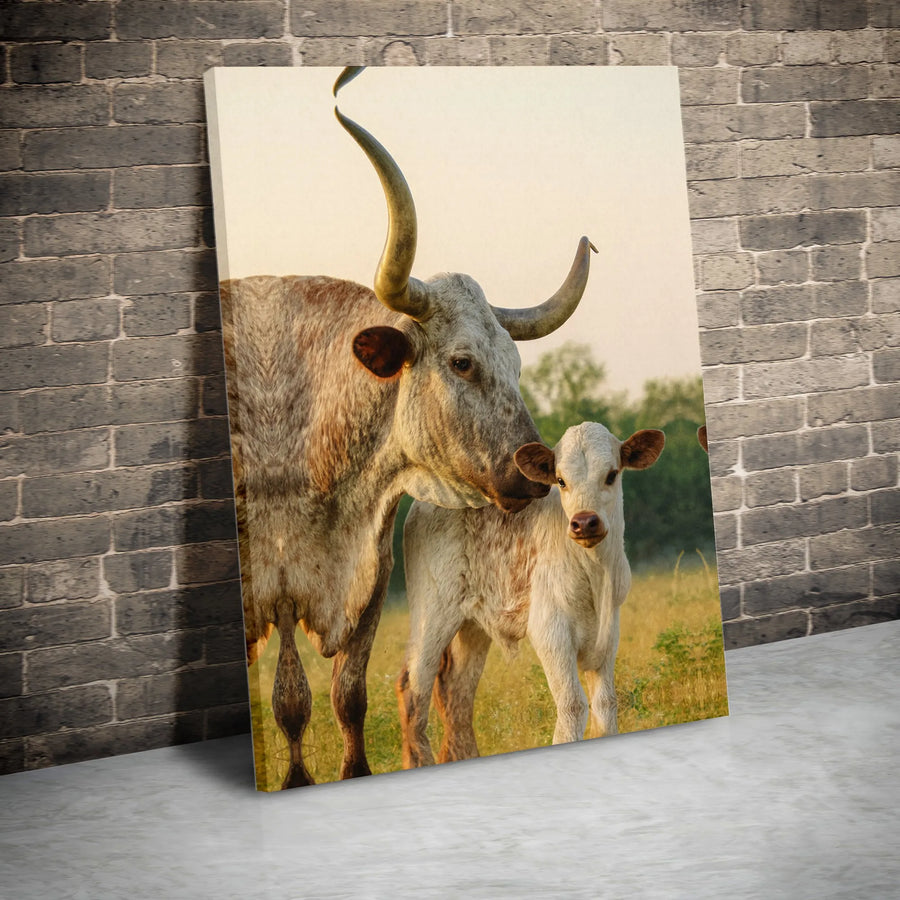 Texas Longhorn Cow and Calf Wall Art | Rustic Farmhouse Animal Canvas Print | 1.25" Gallery Wrap | Western Country Home Decor Gift