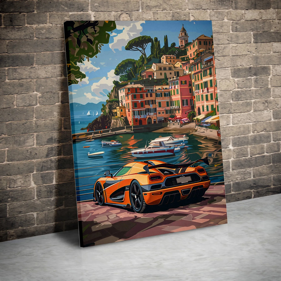 Luxury Supercar Canvas Wall Art | Italian Coastline Travel Decor | Premium Fade-Resistant Gallery Wrap | Car Enthusiast Gift for Office
