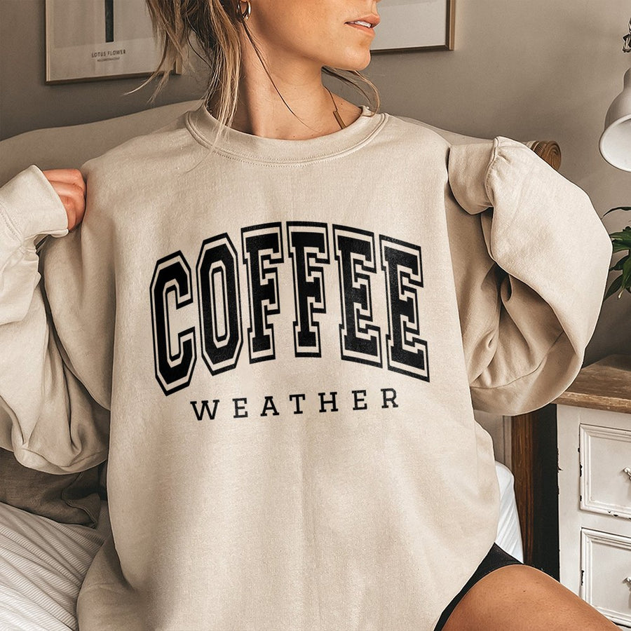 Coffee Weather Sweatshirt | Collegiate Varsity Font Graphic | Soft Cotton Blend Fleece | Gift for Coffee Lovers & Fall Aesthetic