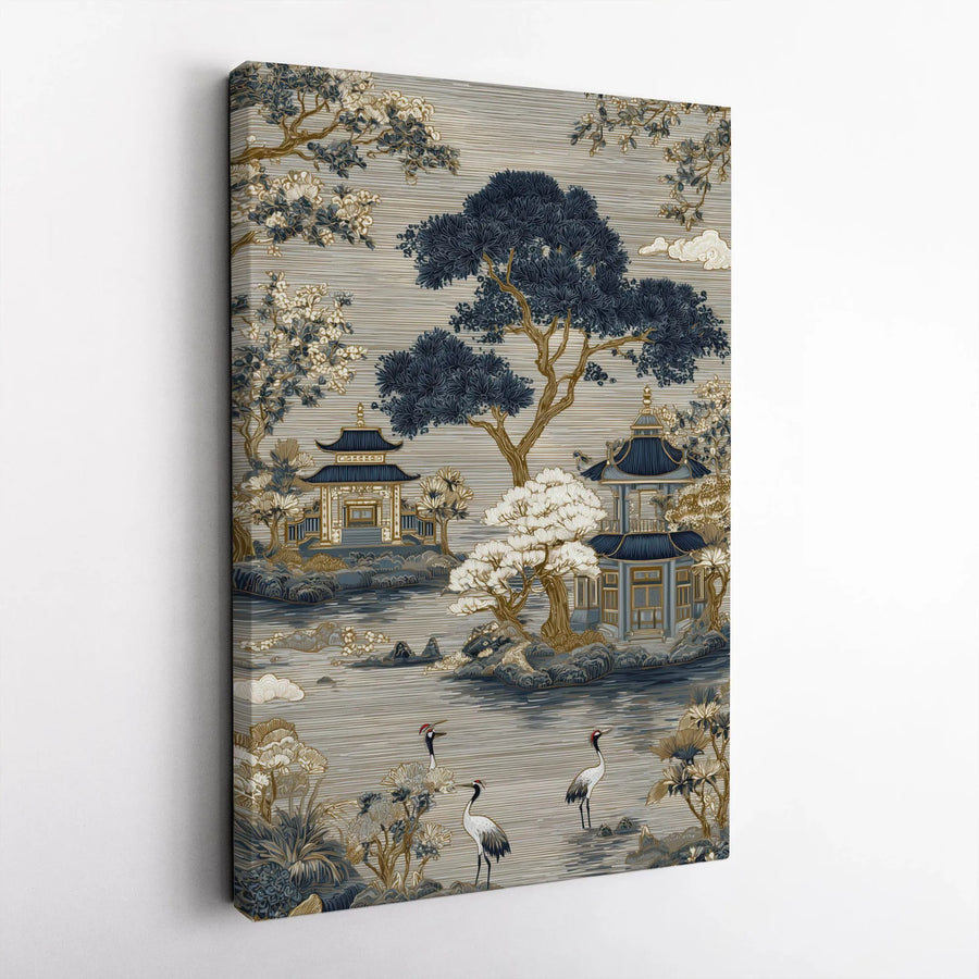 Vintage Japanese Cranes Canvas Wall Art | Chinoiserie Landscape with Pagoda | Thick Gallery Wrap Print | Zen Office & Home Decor Gift