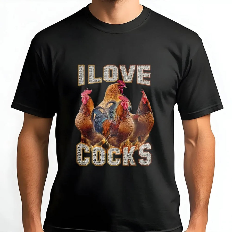 I Love Cocks Rooster T-Shirt | Funny Farm Animal Meme Graphic | 100% Cotton Premium Apparel | Hilarious Gift for Chicken Enthusiasts
