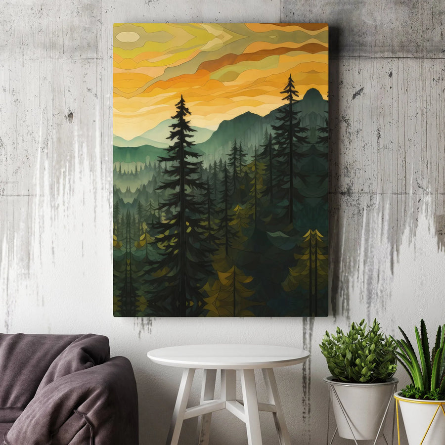 Forest Mountain Landscape Canvas Print | Modern Sunset Pine Tree Wall Art | Premium Gallery Wrapped Decor | Nature Lover Living Room Gift