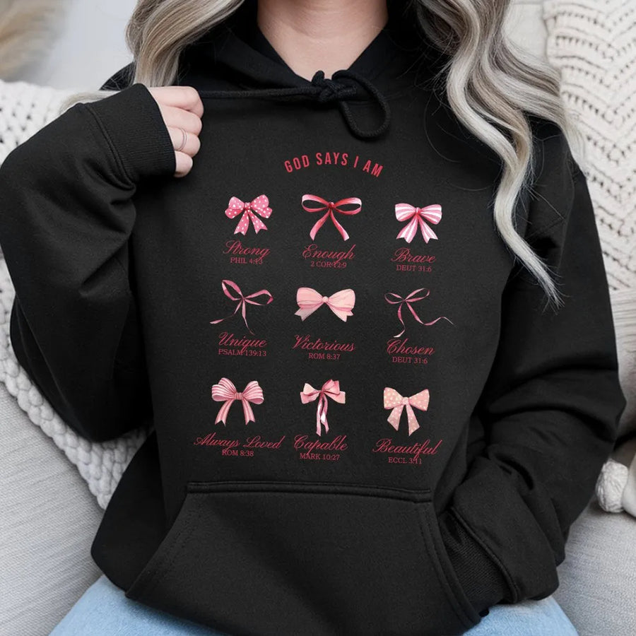 God Says I Am Hoodie | Christian Coquette Bow Graphic | Premium Cotton Blend | Faith-Based Gift For Women