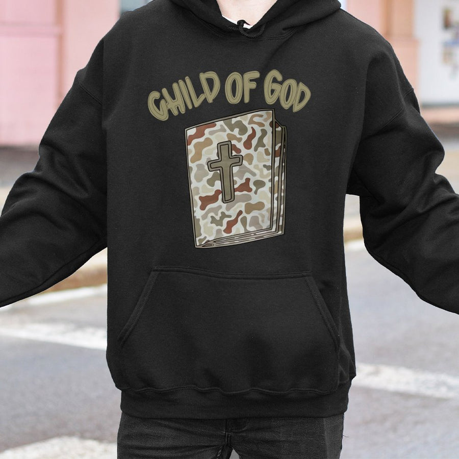 Child of God Hoodie | Camo Bible Cross Graphic | Cotton-Polyester Blend | Religious Faith Christian Gift for Men and Women